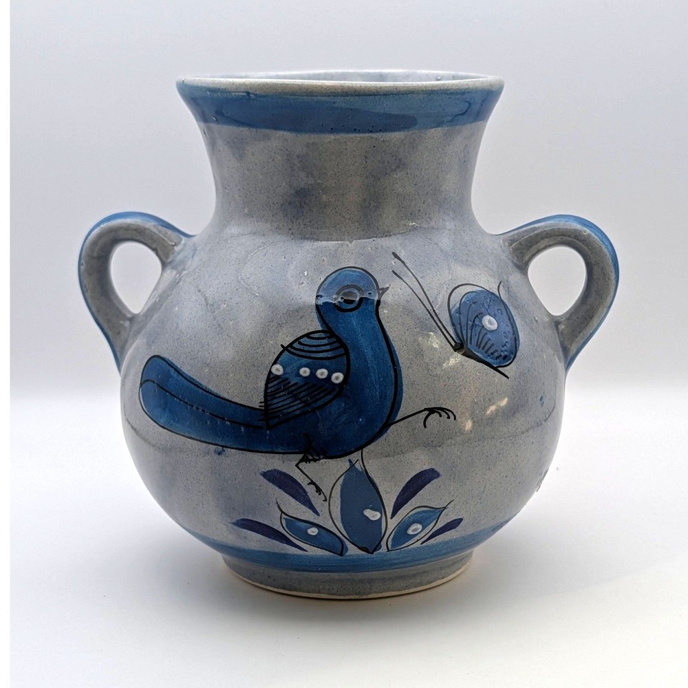 Vtg Tonala Mexican Pottery Urn Vase Signed AM Hand Painted Blue Bird & Butterfly